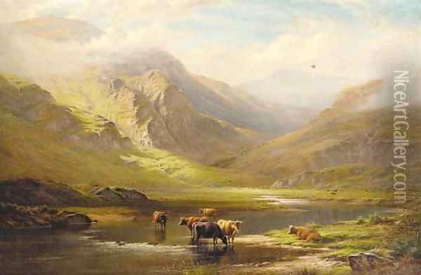 Cattle watering in a Highland landscape Oil Painting - Walter J. Watson