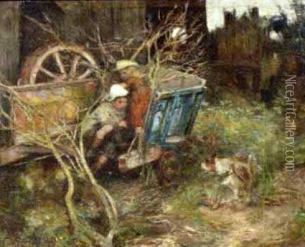 Zwei Spielende Kinder Verstecken Sich In Einem Holzkarren Vor Einem Bellenden Hund Oil Painting - James Elder Christie
