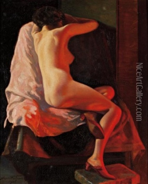 Nude By Firelight Oil Painting - Henri Fabien