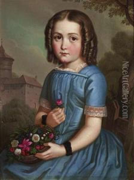 Portrait Of A Young Girl Wearing A Blue Dress. She Helds A Small Basket With Flowers In Her Left Hand, In The Background A Castle . Oil/canvas, Monogrammed And Dated 