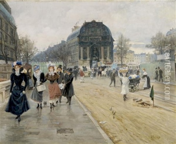 Market Scene In Paris Oil Painting - Joaquin Pallares Allustante