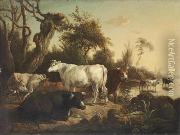 Cattle By A River Oil Painting - James Ward