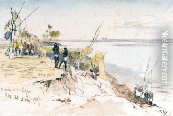 Figures On The Shore Near Edfu Oil Painting - Edward Lear