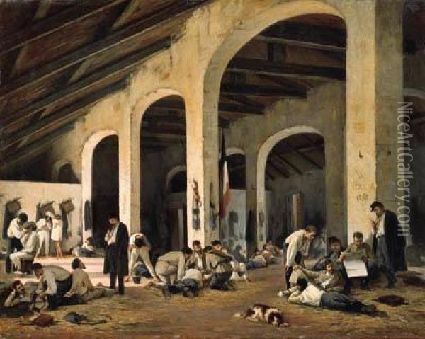 Una Caserma Di Modena. Volontari Della Quinta Batteria Toscana Nel1859. Oil Painting - Buonamici Ferdinando