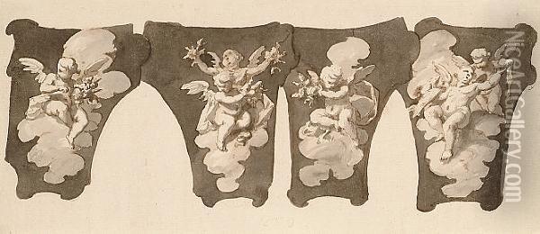 A Ceiling Design Of Putti Within Spandrels Oil Painting - Sir James Thornhill