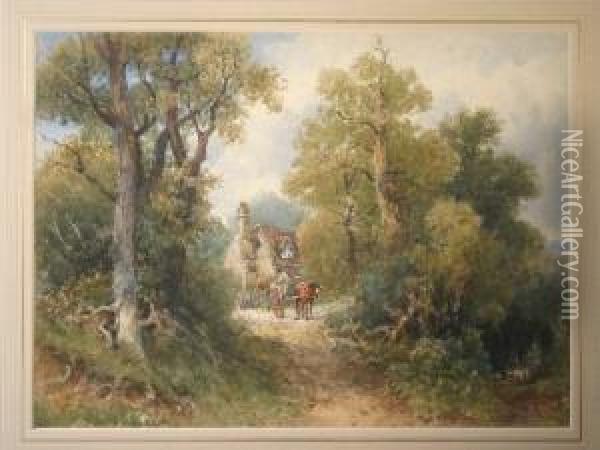 Rural Scene With Cottage, Horse, Cart And Lady Oil Painting - Josiah Wood Whymper