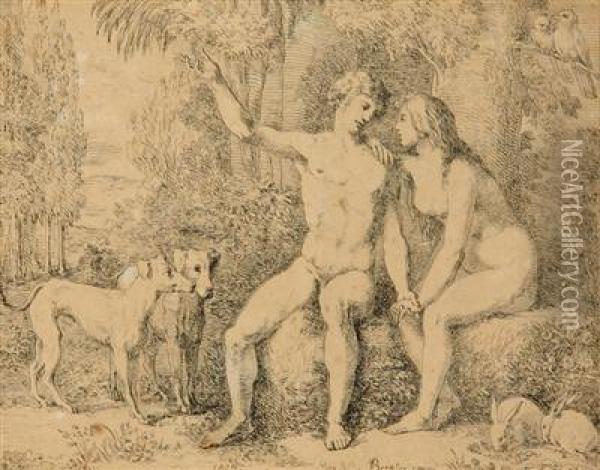 Adam And Eve Oil Painting - Joseph Ii Bergler