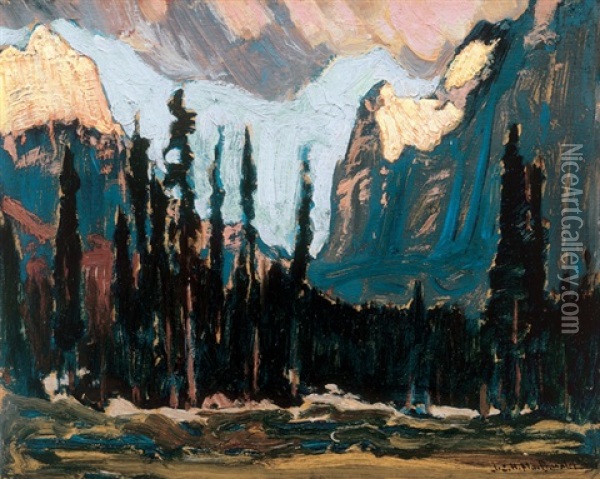 Evening, Hungabee & Biddle Mts., L. O'hara Camp Oil Painting - James Edward Hervey MacDonald