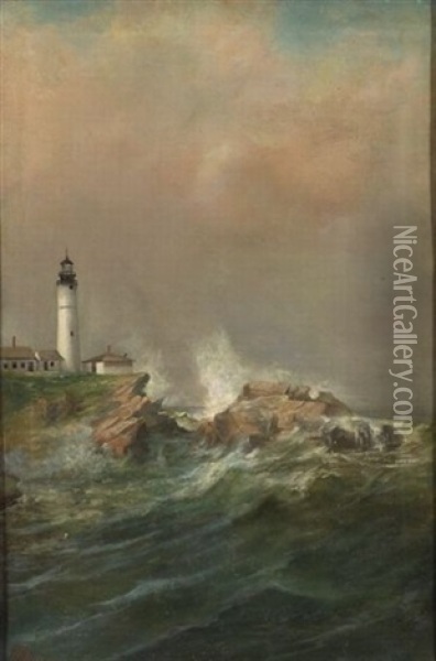 Lighthouse, Portland Head Light, Cape Elizabeth, Maine (?) Oil Painting - Harrison Bird Brown