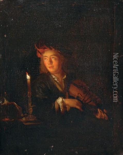Tillskriven. Violinist Vid Stearinljus. Duk, Dubblerad, 42x33 Oil Painting - Godfried Schalcken