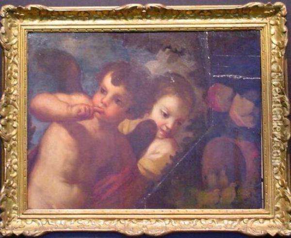 Pair Of Putti By A Still Life Oil Painting - Guglielmo Cortese (see COURTOIS, Guillaume)