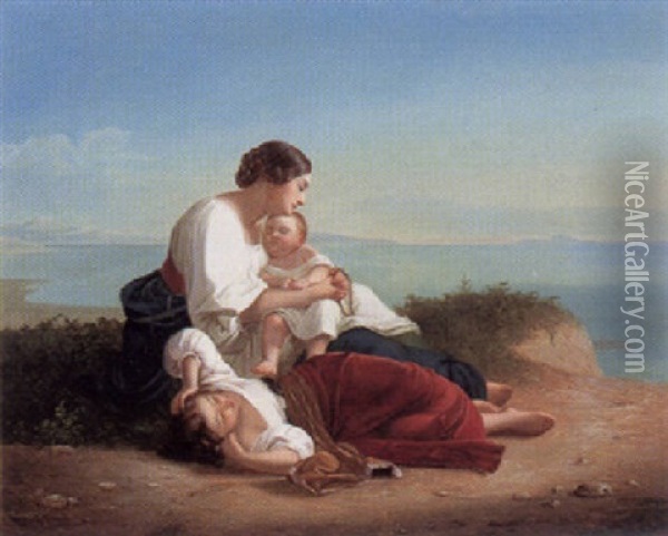 Italienerin Mit Schlafenden Kindern Am Meeresufer Oil Painting - August Riedl