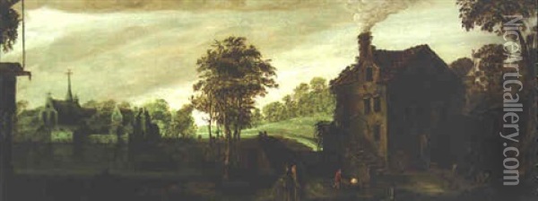 A River Landscape With Clerics On A Track Near A Mill Oil Painting - Marten Ryckaert