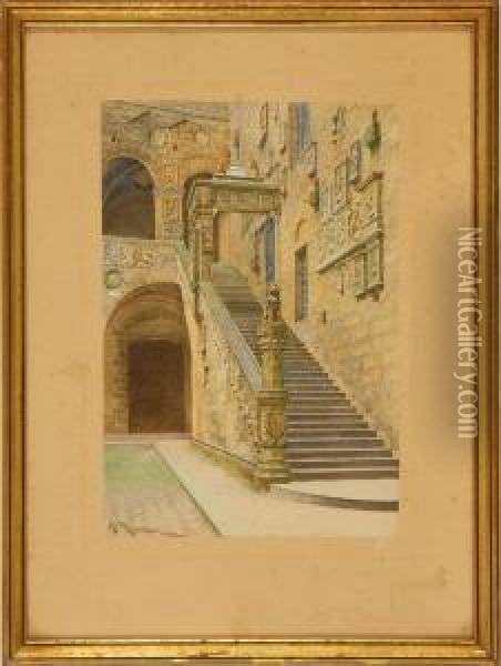 View Of The Inner Court Of The Bargello In Florence Oil Painting - A. Marrani