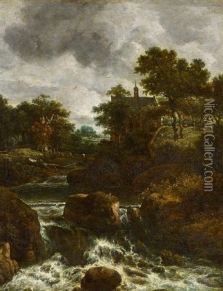 Bewaldete Landschaft Mit Wasserfall Und Alter Kirche Oil Painting - Allaert van Everdingen