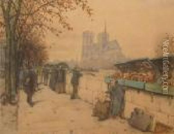 Booksellers, Notre Dame, Paris Oil Painting - Tavik Frantisek Simon