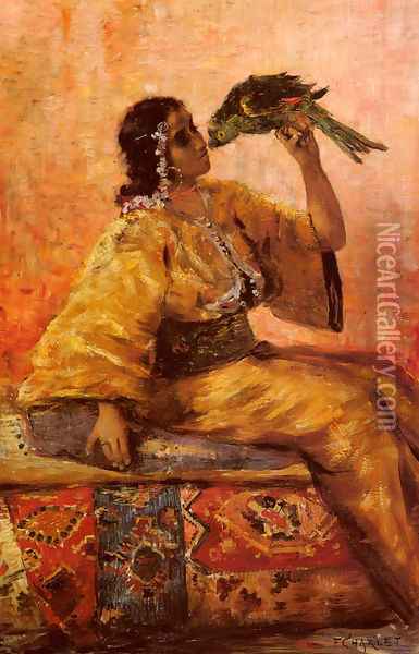 A Moroccan Beauty Holding A Parrot Oil Painting - Frantz Charlet