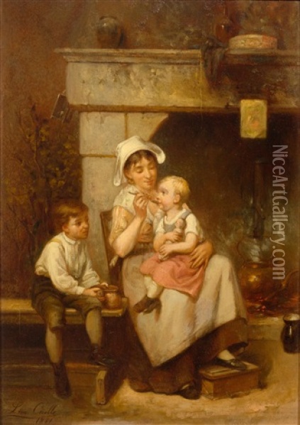 A Mother And Her Children Before A Fire Oil Painting - Leon Emile Caille