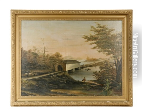 Hudson River Landscape With Covered Bridge And Causeway, Small Village Oil Painting - Thomas Chambers