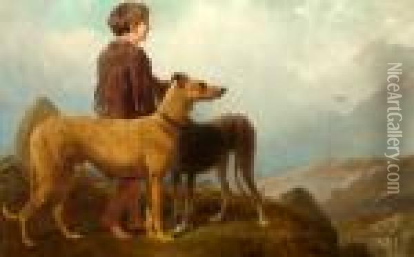 Boy With Lurchers In A Highland Landscape Oil Painting - Landseer, Sir Edwin