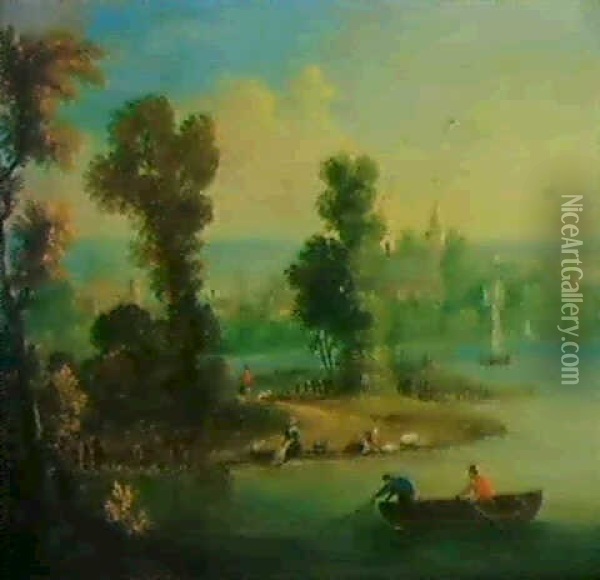 Flusslandschaft Mit Wascherinnen Und Booten. Oil Painting - Balthasar Beschey