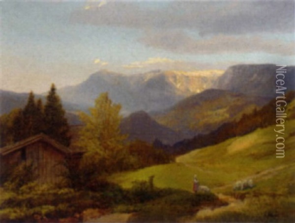 A Shepherdess In An Alpine Landscape Oil Painting - Konrad Petrides