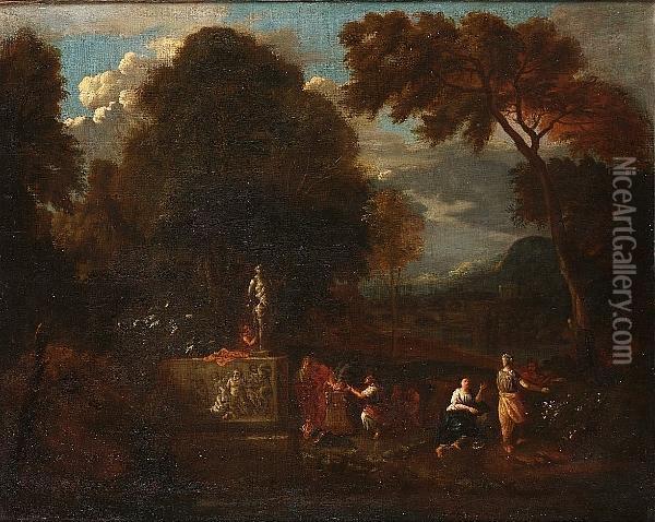 An Arcadian Landscape With 
Figures Making A Sacrifice Before An Altar; And Figures Borne Upon A 
Cloud Appearing Before Kneeling Figures In An Arcadian Landscape Oil Painting - Pieter Rysbrack