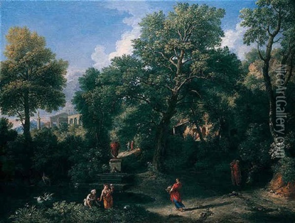 An Arcadian Landscape With Figures Bathing By A Pool, A Classical Temple Beyond Oil Painting - Jan Frans van Bloemen