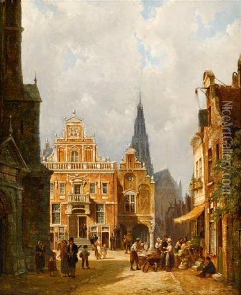Townscape With Figures; And A Companion (pair) Oil Painting - Pieter Cornelis Dommershuijzen