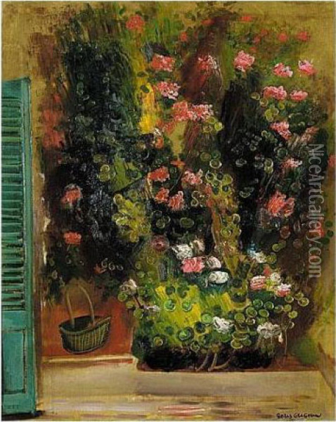 Still Life With Flowers And Green Shutters Oil Painting - Boris Dimitrevich Grigoriev