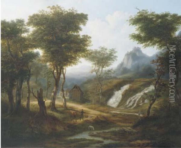 Sportsmen By A Waterfall In An Extensive Mountain Landscape Oil Painting - Jean Baptist Kops