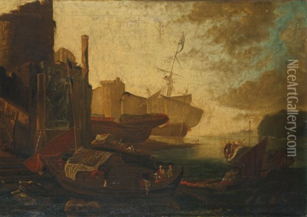 Mediterrane Hafenszene (+ Another, Similar; 2 Works) Oil Painting - Johann Anton Eismann