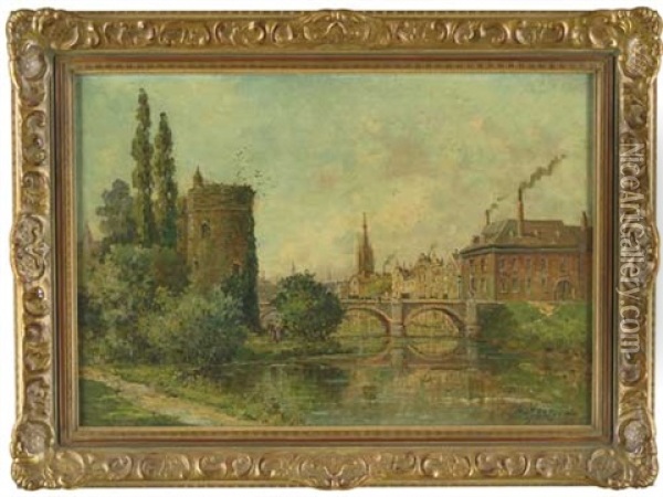 Teilansicht Einer Wohl Belgischen Stadt, Mit Brucke, Turm Li. Und Kirche Im Hintergrund Oil Painting - Gustave Mascart