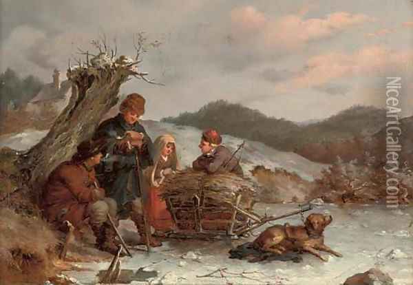 A rest on the way, Winter Oil Painting - Guido Bach