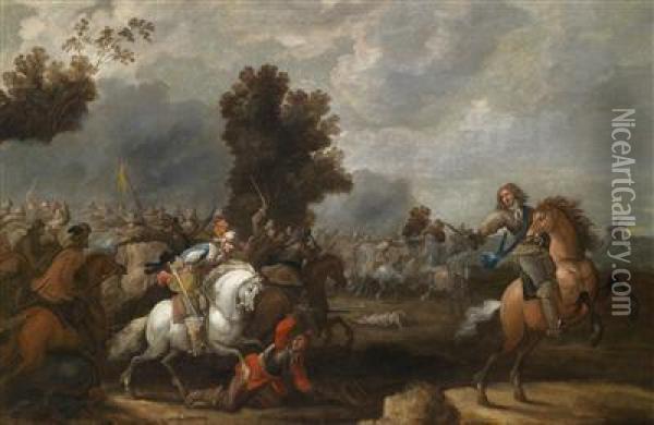 Two Scenes Depicting Battles Between Imperial And Swedish Troops Oil Painting - Johann Philipp Lembke