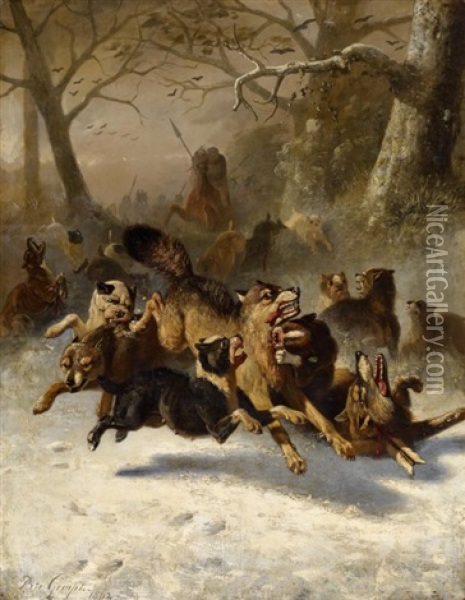 Grose Wolfsjagd Im Winter Oil Painting - Bernard de Gempt