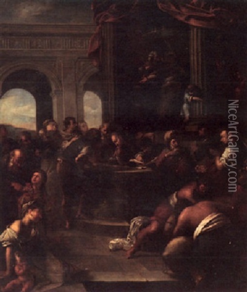 A Biblical Scene: Joseph Distributing Corn(?) Oil Painting - Johann Heinrich Schoenfeldt