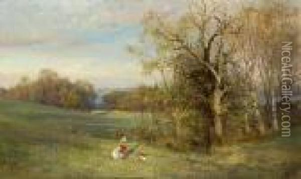 Fruhling Am Starnberger See, Mit Blumen Pfluckenden Madchen. Oil Painting - Edward Theodore Compton
