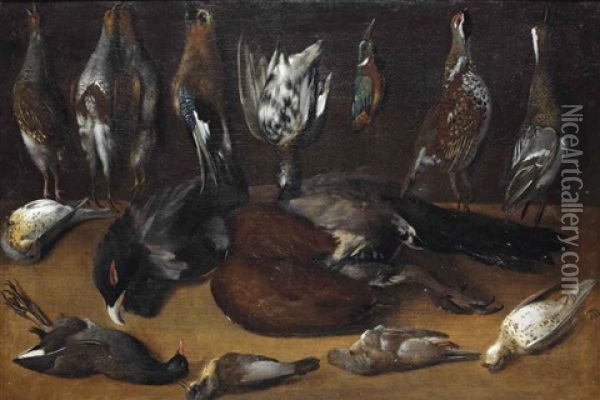 Partridges, An Eurasian Jay, A Quail, A Kingfisher And A Duck, All Suspended From Nails, A Capercaillie And Various Other Birds On A Table Oil Painting - Albrecht Kauw the Elder