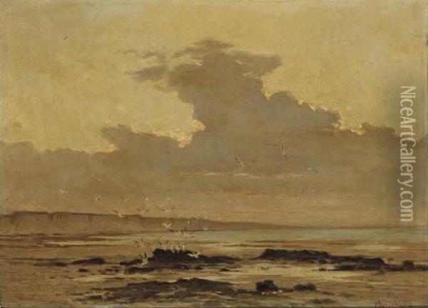 Gulls On A Beach; And Another Similar Oil Painting - P.E. Rischgitz