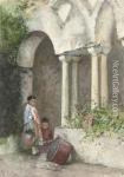 Two Mexican Children In A Courtyard Oil Painting - Hector Caffieri