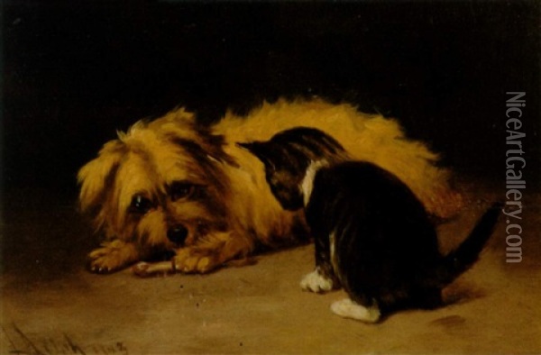 Kitten And Dog In An Interior Oil Painting - John Henry Dolph