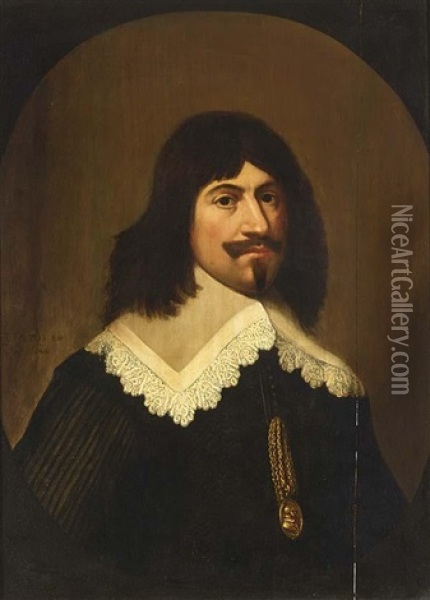 A Portrait Of A Gentleman, Aged 38, Wearing A Black Costume With A White Lace Collar And A Golden Chain Oil Painting - Gerrit Van Honthorst