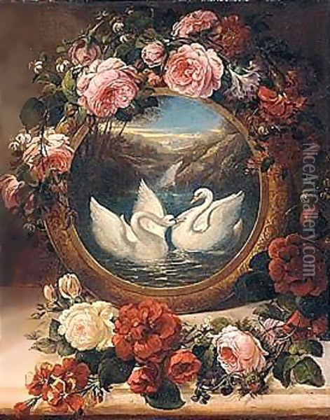 A Painting Of Swans In A River Landscape Encircled With Roses Oil Painting - Siegfried Detler Bendixen