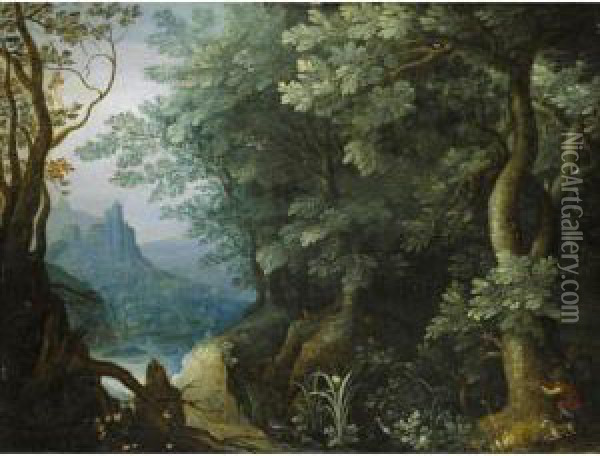 Huntsmen At The Edge Of A Forest A River And Hilltop 			Castle Beyond Oil Painting - Gillis van Coninxloo