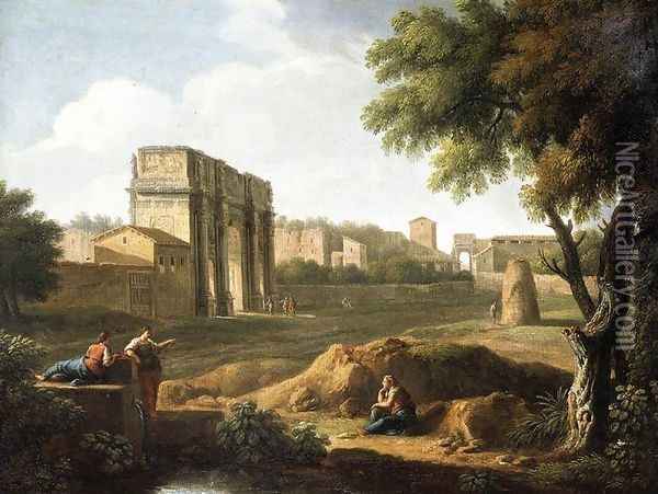 Rome- A View of the Forum 1720s Oil Painting - Giovanni Battista Busiri