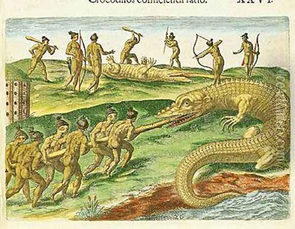 Hunting Crocodiles Oil Painting - Jacques le Moyne de Morgues