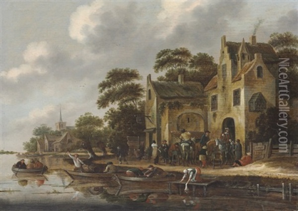 The Bank Of A River, With Figures In Rowboats And Travelers Outside An Inn, A Church Beyond Oil Painting - Thomas Heeremans