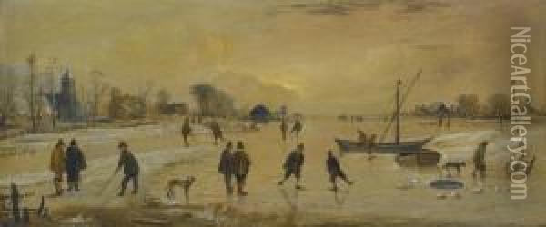 A Winter Landscape With Skaters And Kolf Players, A Village To Theleft Oil Painting - Aert van der Neer