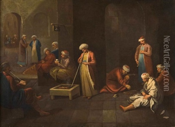 Rissa Tra Turchi And Interno Di Palazzo Con Turchi (a Pair) Oil Painting - Johann Josef Karl Henrici